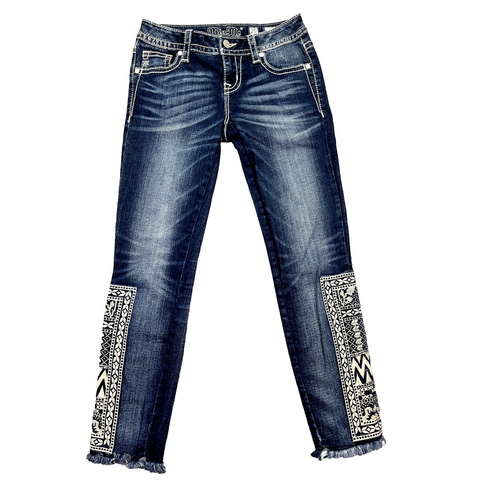 Miss Me Born to Be Boho Signature‎ Ankle Skinny Jeans Blue Embroidered Sz 25